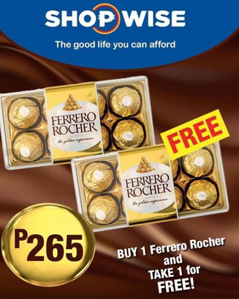 Ferrero Rocher Buy 1 Take 1 FREE at SHOPWISE until July 20, 2017 only! Ferrero Rocher Buy 1 Take 1 FREE at SHOPWISE