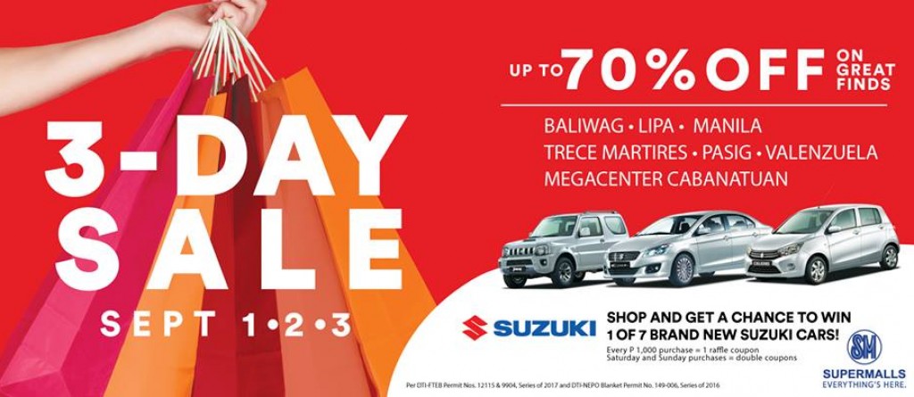 Up to 70% OFF at SM SUPERMALLS 3-Day Sale in Baliwag, Lipa, Manila, Trece Martires, Pasig, Velenzuela and Megacenter Cabanatuan from Sept 1-3, 2017! SM SUPERMALLS 3-Day Sale