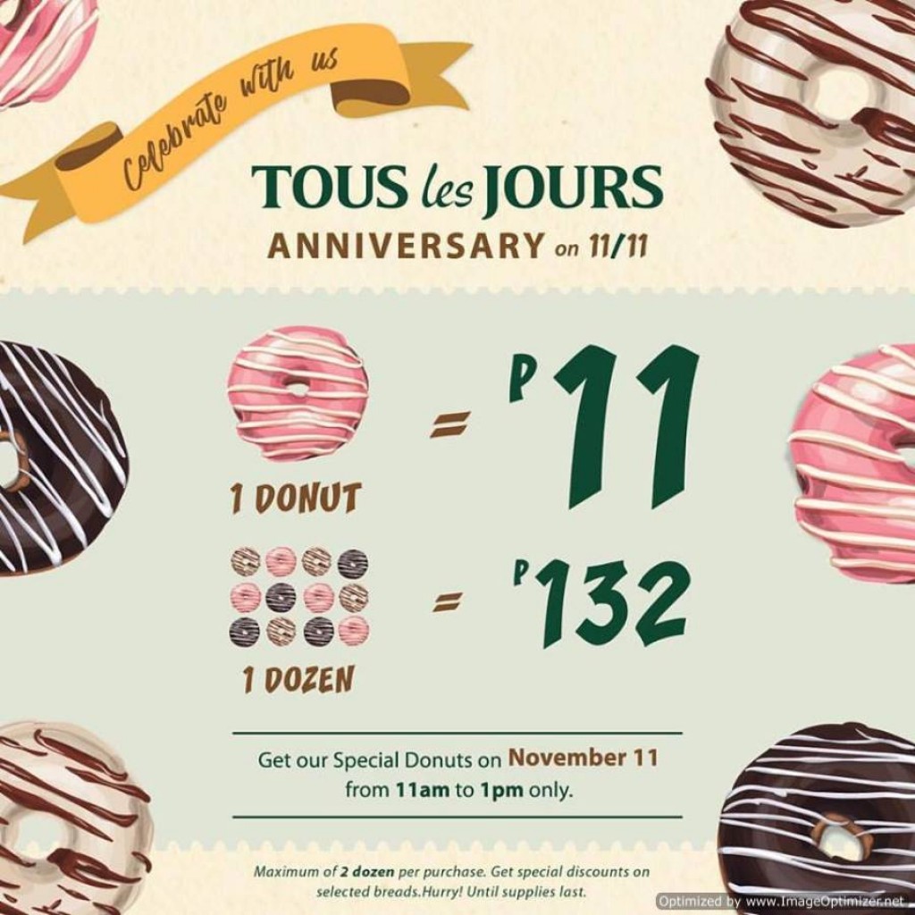 Special Donuts for Php11 each at Tous les Jours Anniversary Promo - November 11 Only Tous les Jours Anniversary Promo