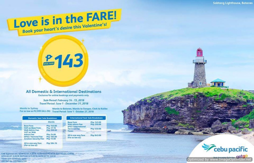 Cebu Pacific Valentine's Day Seat Sale - Php143 Base Fare Promo on Feb. 14 and 15 ONLY Cebu Pacific Valentine's Day Seat Sale