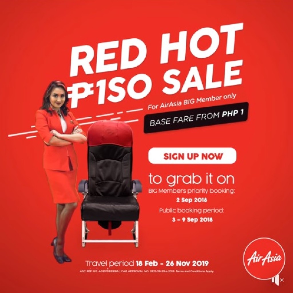 AirAsia Red Hot Piso Sale - Booking from Sept 3-9, 2018 AirAsia Red Hot Piso Sale