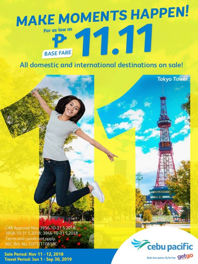 Cebu Pacific Php 11.11 Base Fare Promo - Book on Nov. 11-12, 2018 Cebu Pacific Php 11.11 Base Fare Promo