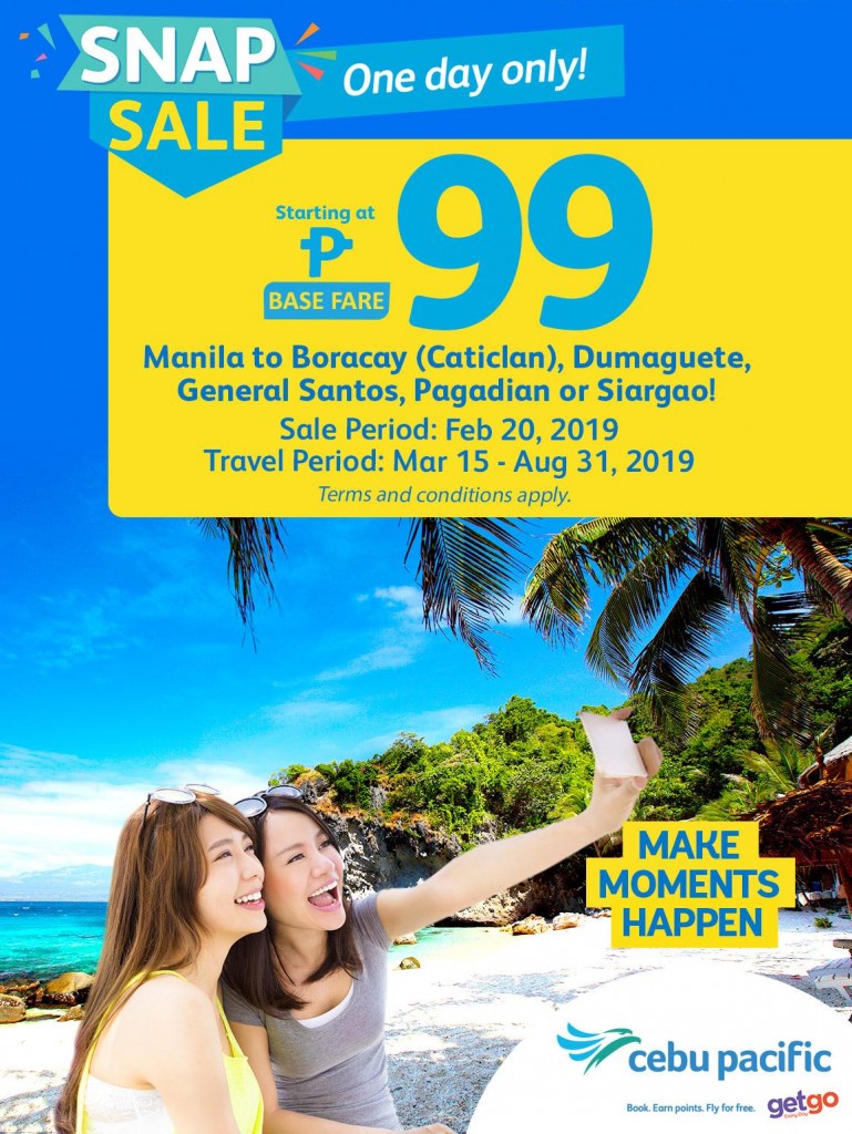 Cebu Pacific's Manila Snap Sale P99 Base Fare Promo - February 20, 2019 ONLY P99 Base Fare Promo
