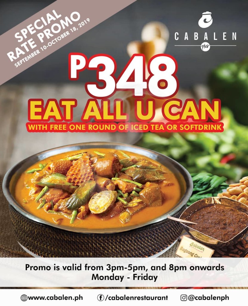 CABALEN Eat All U Can Special Rate Promo until Oct 18, 2019 CABALEN Eat All U Can Special Rate Promo