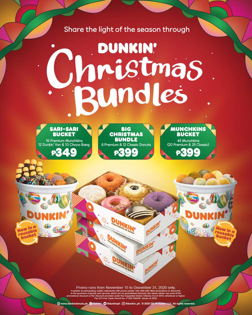 Dunkin' Christmas Bundles Promo : Sari-Sari Bucket, Big Christmas Bundle and Munchkins Bucket Dunkin' Christmas Bundles Promo