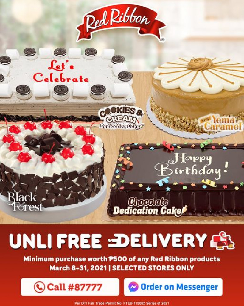 Red Ribbon Bakeshop Stores that Offer Unli FREE Delivery until March 31, 2021 Red Ribbon Unli FREE Delivery