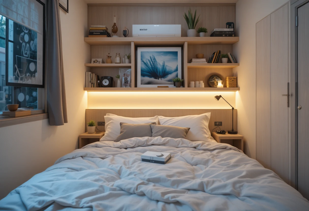 Cozy Filipino small bedroom with LED lighting, small gadgets like wireless charger and speaker, minimalist decor, tidy and functional, neutral palette with warm light