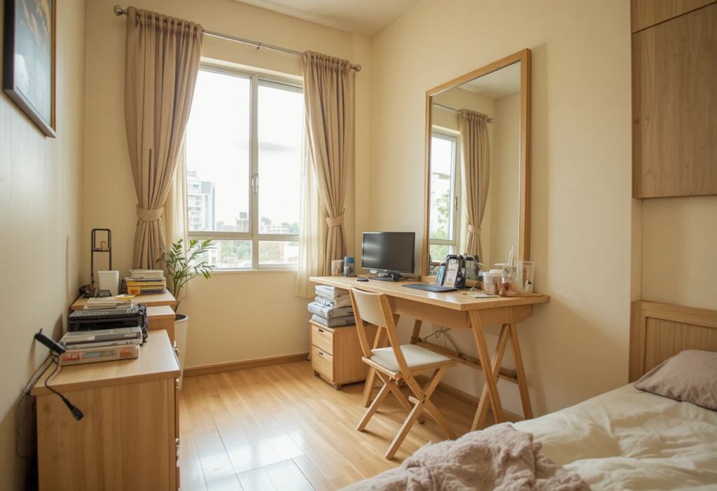 Small Filipino condo room with foldable desk and chair, full-length mirror reflecting sunlight, light-colored furniture, minimal clutter, cozy and functional