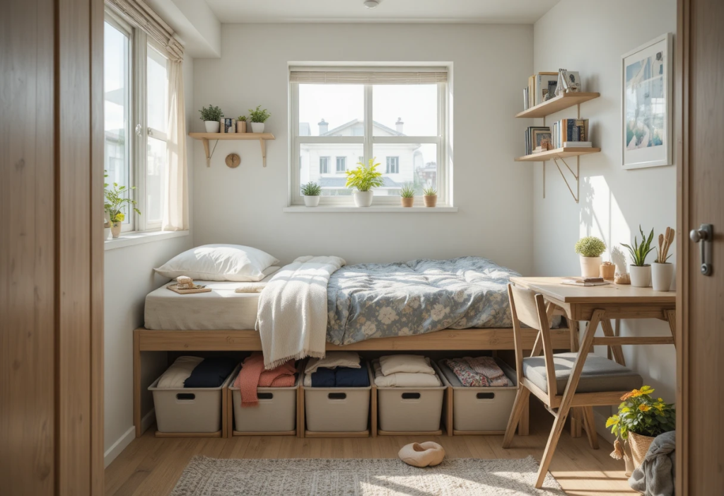 Cozy Filipino small bedroom, under-bed storage bins with clothes and blankets, wall-mounted shelves with small plants and books, foldable desk and stackable chair, neutral colors, soft sunlight, lived-in and relatable