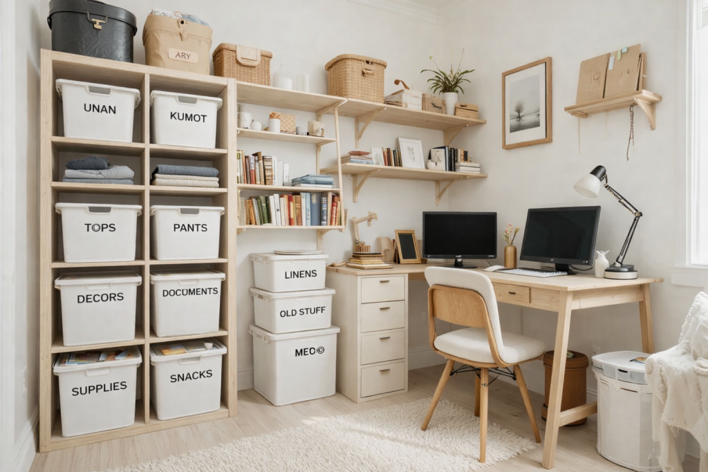 Tidy small Filipino room with labeled storage bins on shelves and floor, neatly organized desk, minimal clutter, cozy and practical