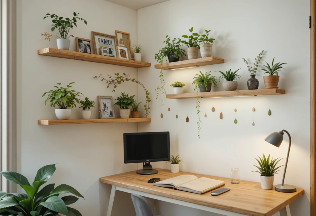 Minimalist Filipino small room, small indoor plants on wall shelves and desk, removable wall decals, neutral tones with one accent color, cozy and stylish