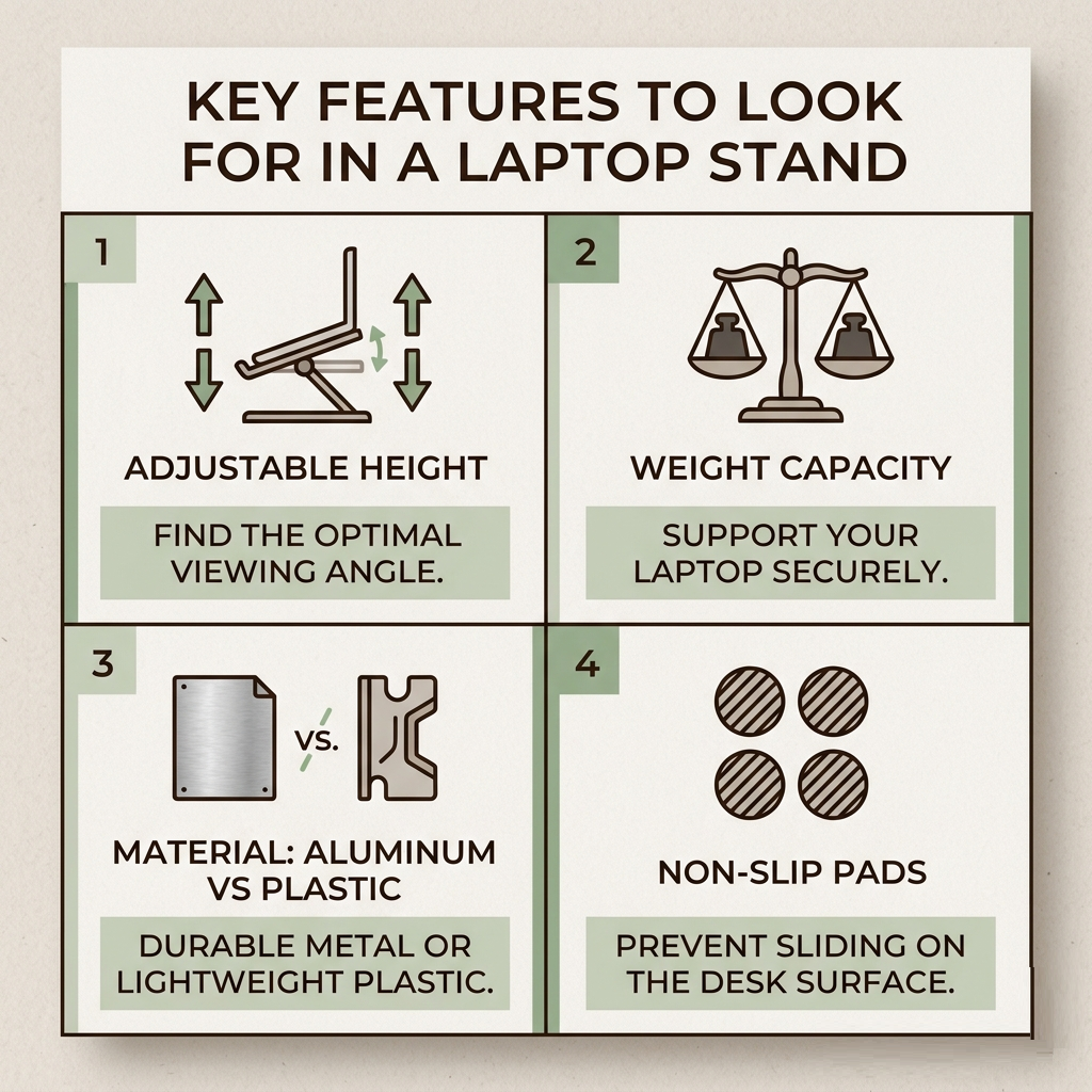 Best Budget Laptop Stands for Better Posture (Under ₱700 on Shopee & Lazada) Minimalist infographic showing four key features of a good laptop stand: adjustable height, weight capacity, material type, and non-slip pads