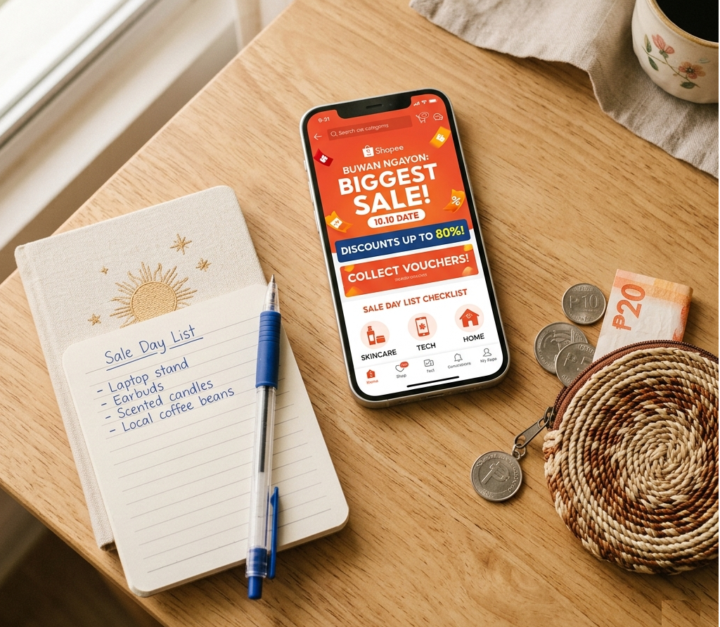 Best Budget Laptop Stands for Better Posture (Under ₱700 on Shopee & Lazada) Minimalist flat lay of smartphone showing Shopee sale screen, small notebook with handwritten shopping list, coin purse and ballpen on cream background