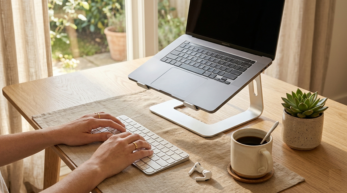 Best Budget Laptop Stands for Better Posture (Under ₱700 on Shopee & Lazada) Serene WFH desk with laptop elevated on a stand, hands resting on a keyboard, soft afternoon window light, small plant and coffee mug, calm and minimal aesthetic