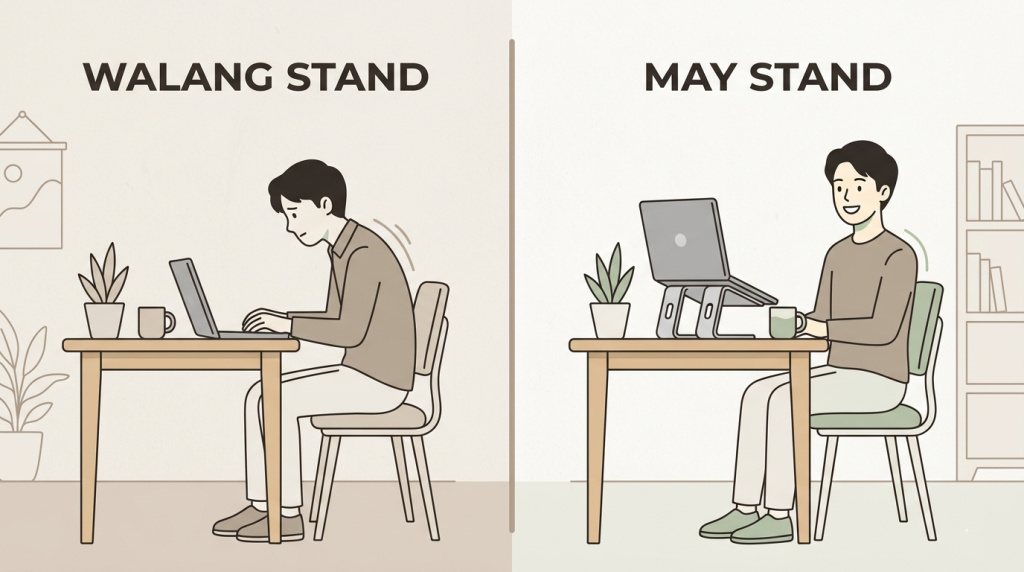 Best Budget Laptop Stands for Better Posture (Under ₱700 on Shopee & Lazada) Side by side comparison of a person without a laptop stand slouching forward vs with a laptop stand sitting upright with proper spine alignment