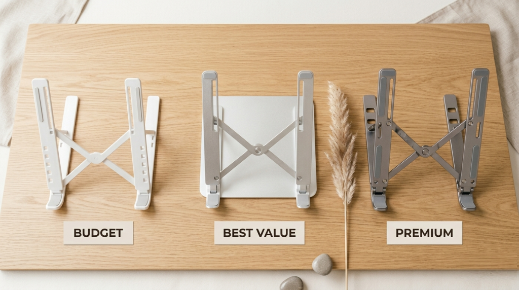 Best Budget Laptop Stands for Better Posture (Under ₱700 on Shopee & Lazada) Three laptop stands arranged on a light oak surface: a budget plastic foldable stand, a mid-range aluminum adjustable stand, and a premium foldable metal stand