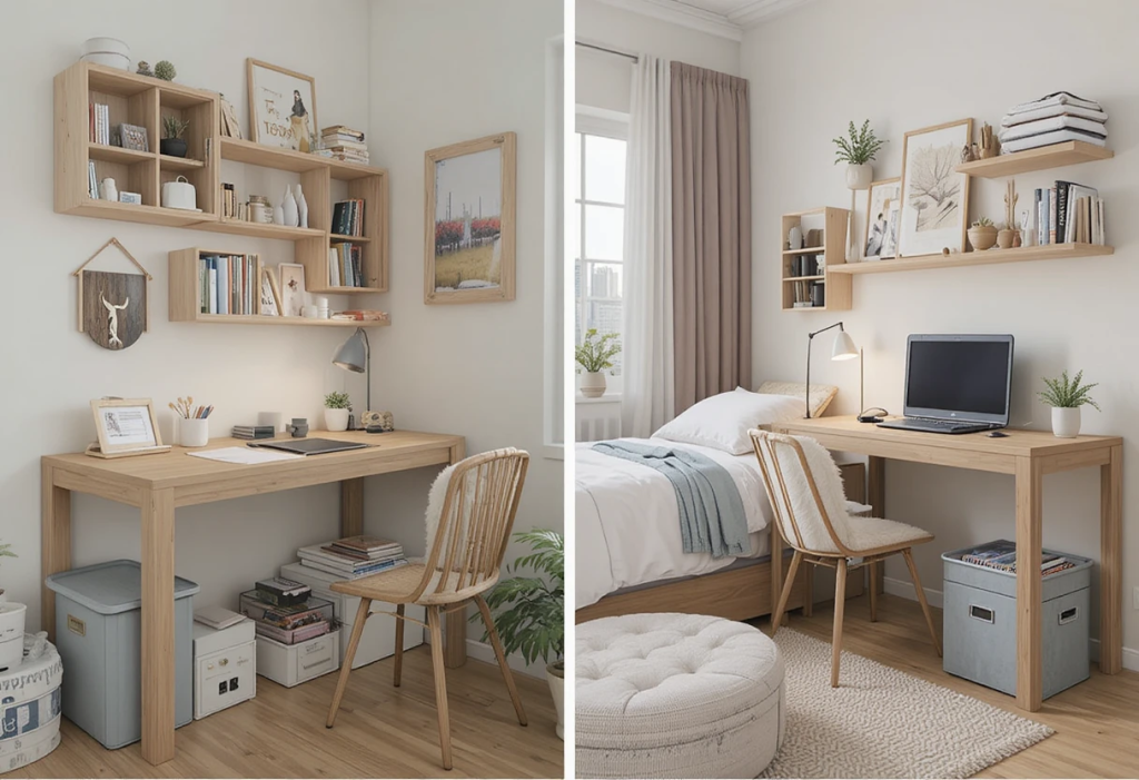 Budget-friendly small room essentials for Filipino renters under 500 pesos, including under-bed storage bins, foldable desks, hanging organizers, wall shelves, and storage ottomans, cozy and practical