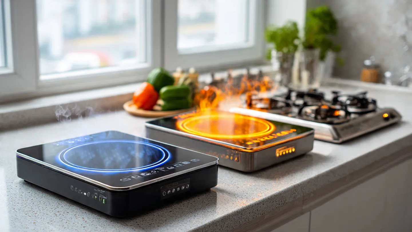 Induction vs Infrared vs LPG Stove: Which One Actually Saves You More? (2026 PH Guide) Induction cooker, infrared cooker, and LPG gas stove side by side on a Filipino kitchen counter