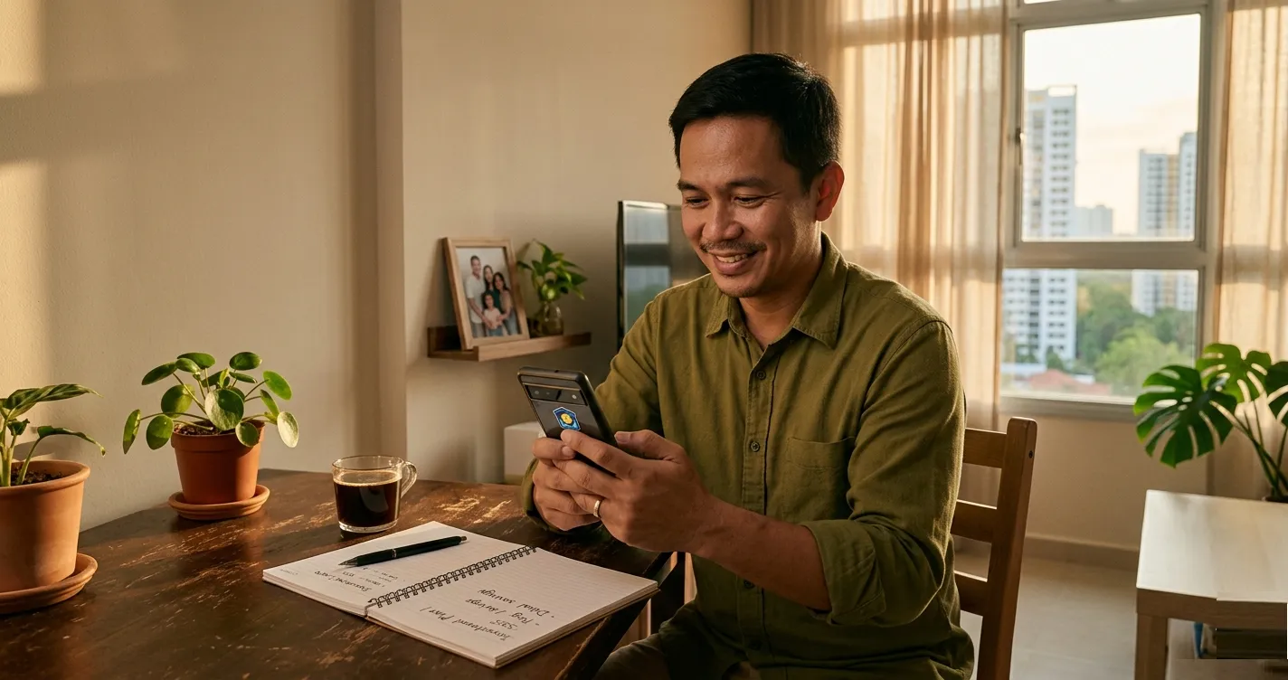 Filipino OFW worker abroad planning his investments and remittance money using his smartphone