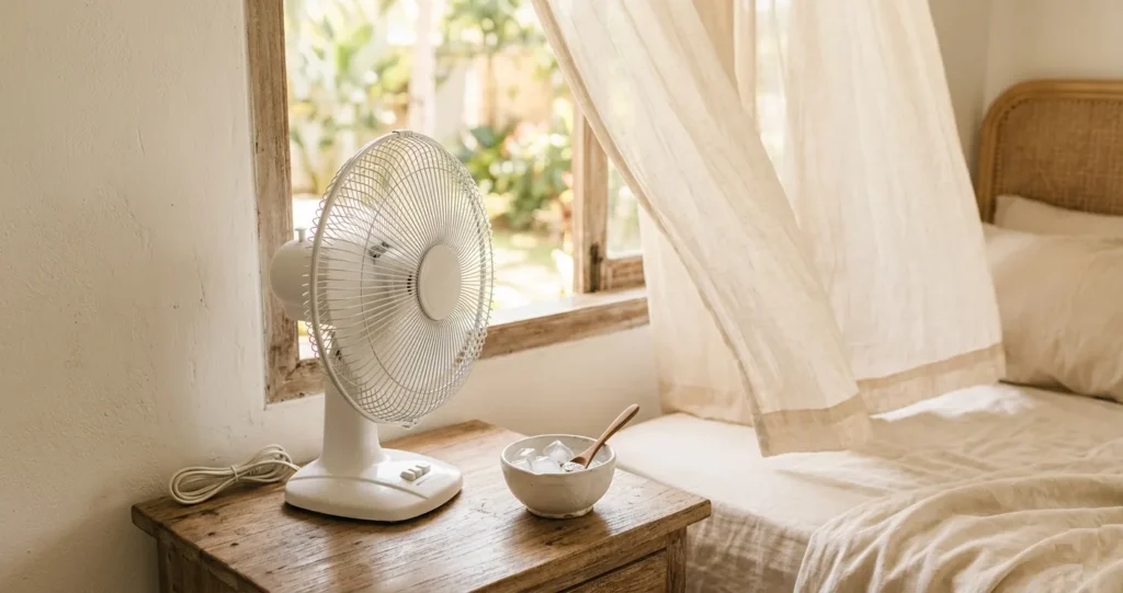 Filipino bedroom staying cool without aircon in Philippine summer — electric fan, ice bowl, warm golden sunlight through curtains, relatable Filipino summer scene