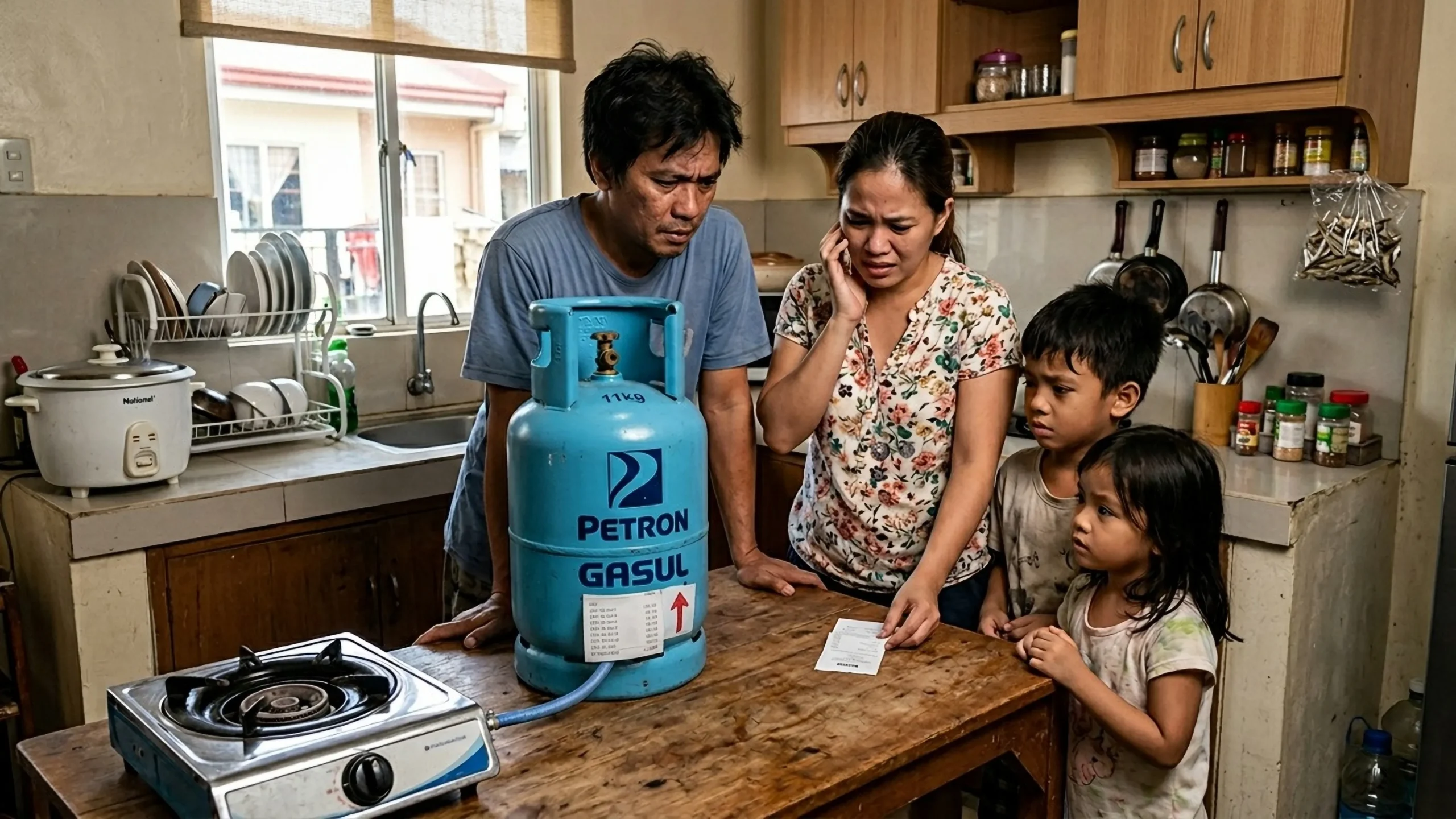 Filipino family looking worried at rising LPG prices in the Philippines 2025