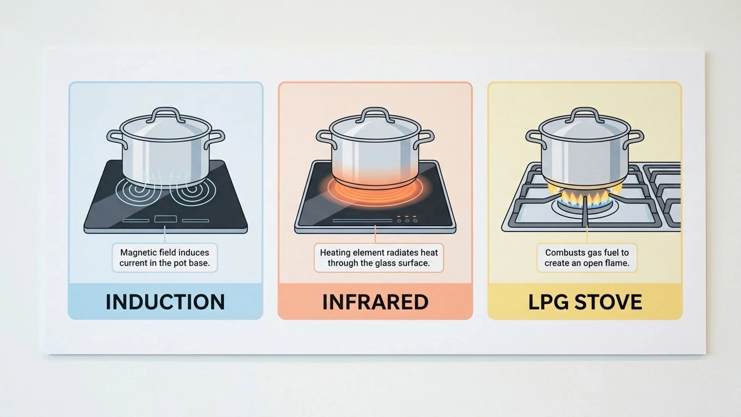 Diagram showing how induction cooker uses electromagnetic field, infrared uses radiant heat, and LPG uses open flame