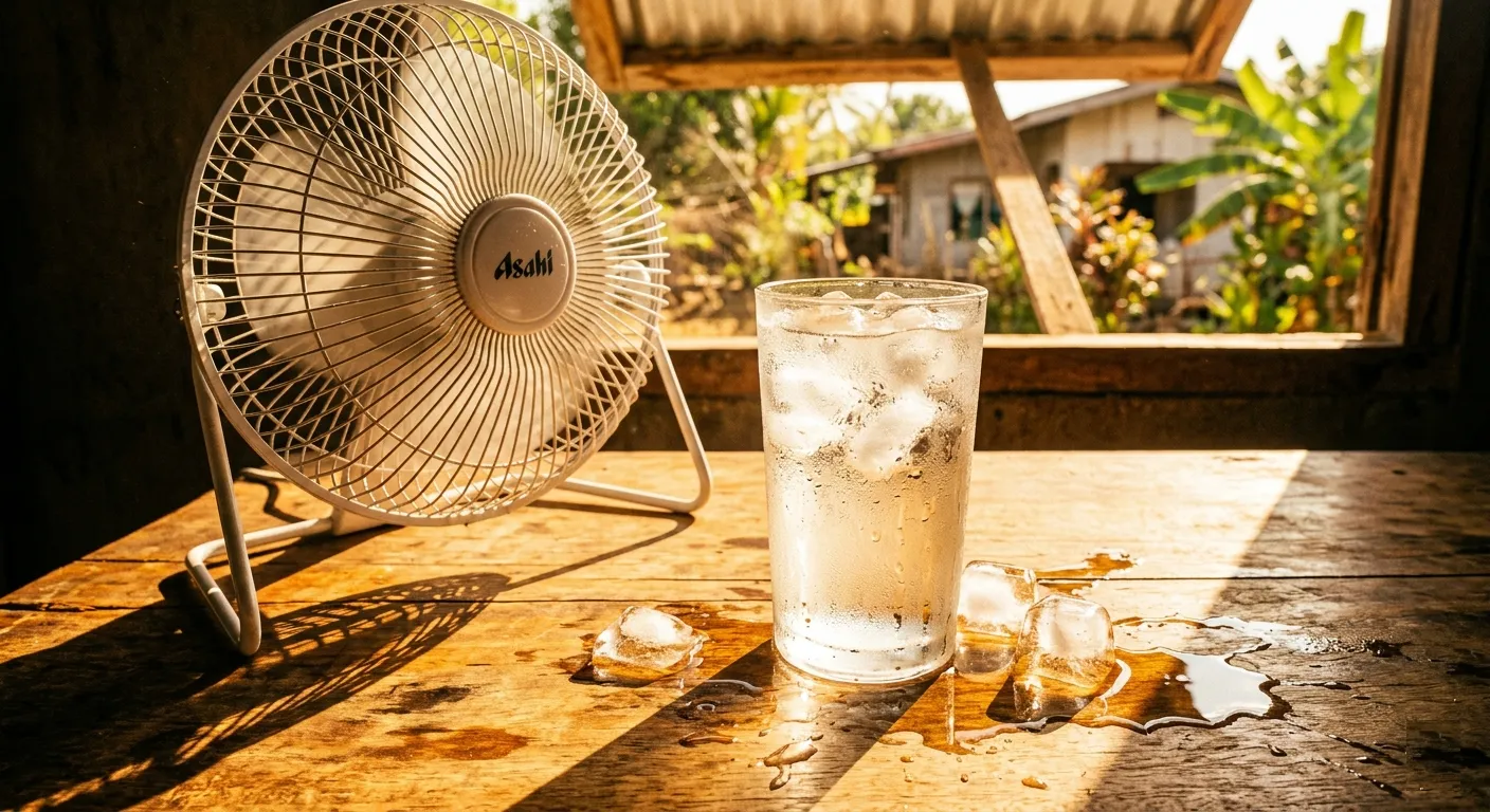 Philippine summer heat index visual — glass of cold water with melting ice and condensation dripping beside electric fan, warm golden dramatic tones