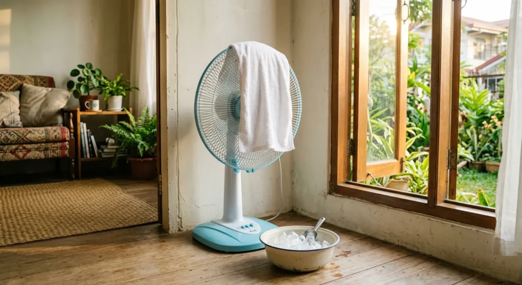 Filipino electric fan with damp wet towel draped over grille for DIY cooling hack, bowl of ice cubes in front, warm sunny Filipino room atmosphere