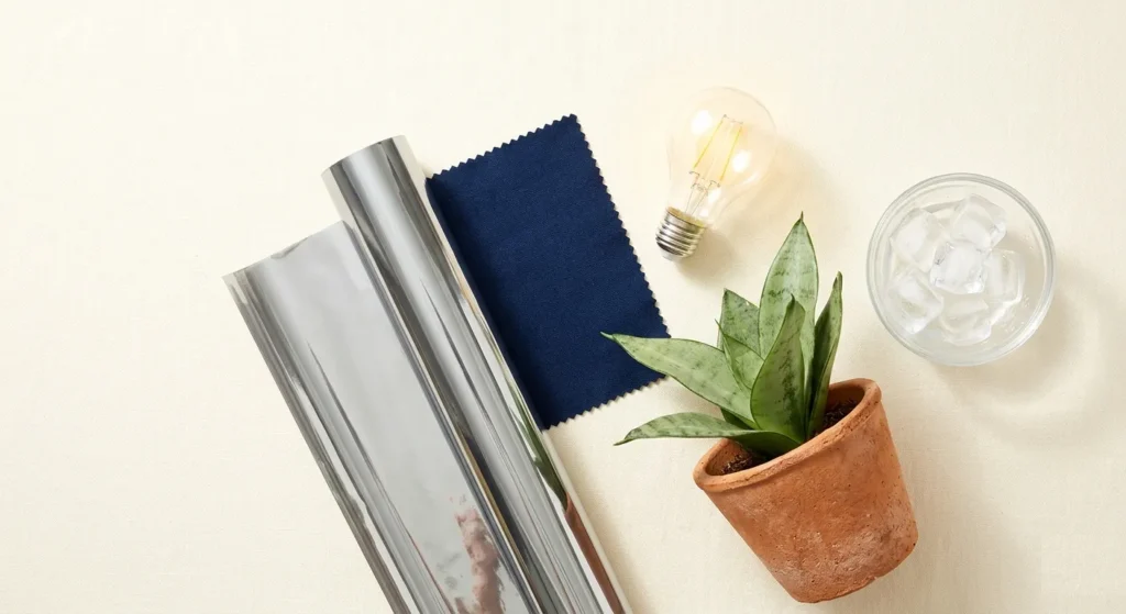Budget summer cooling products flat lay — solar window film roll, dark blackout curtain swatch, LED bulb, and snake plant in terracotta pot on warm cream background