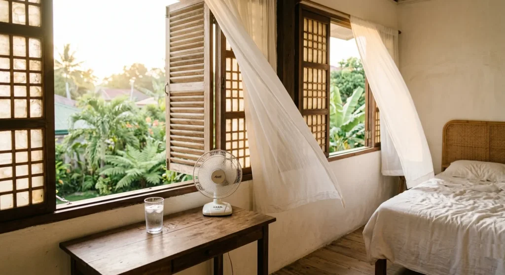 Filipino home wooden louvre windows open in early morning golden sunlight, white curtains blowing gently in breeze, peaceful cool summer morning bedroom Philippines