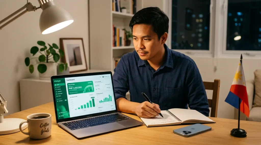 Filipino OFW researching investment options on laptop showing Pag-IBIG MP2 mutual funds and Philippine stock market
