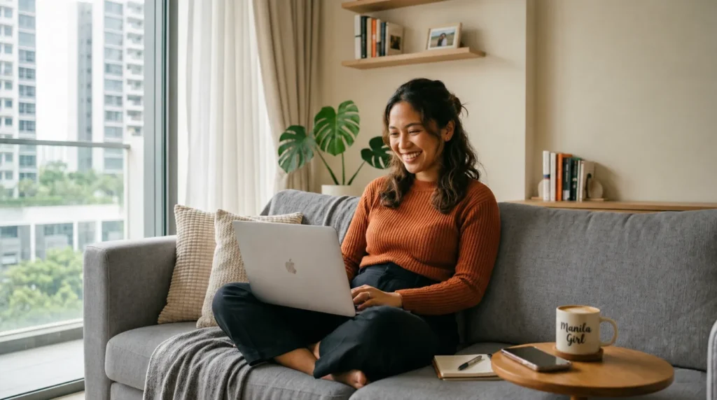 Filipino OFW using laptop and smartphone for online freelancing work as a side hustle while abroad