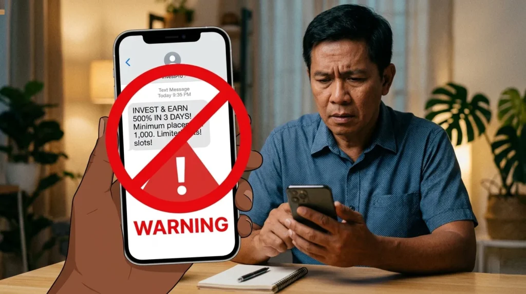 Warning illustration for OFW investment scams in Philippines showing red flags and fake investment schemes