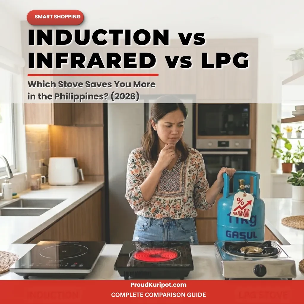 Induction vs Infrared vs LPG Stove: Which One Actually Saves You More? (2026 PH Guide) Filipino homemaker comparing induction cooker, infrared cooker, and LPG stove options amid rising gas prices in the Philippines
