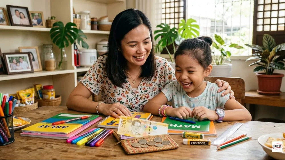 Filipino parent and child doing back-to-school shopping on a budget in the Philippines 2026, holding school supplies under 500 pesos