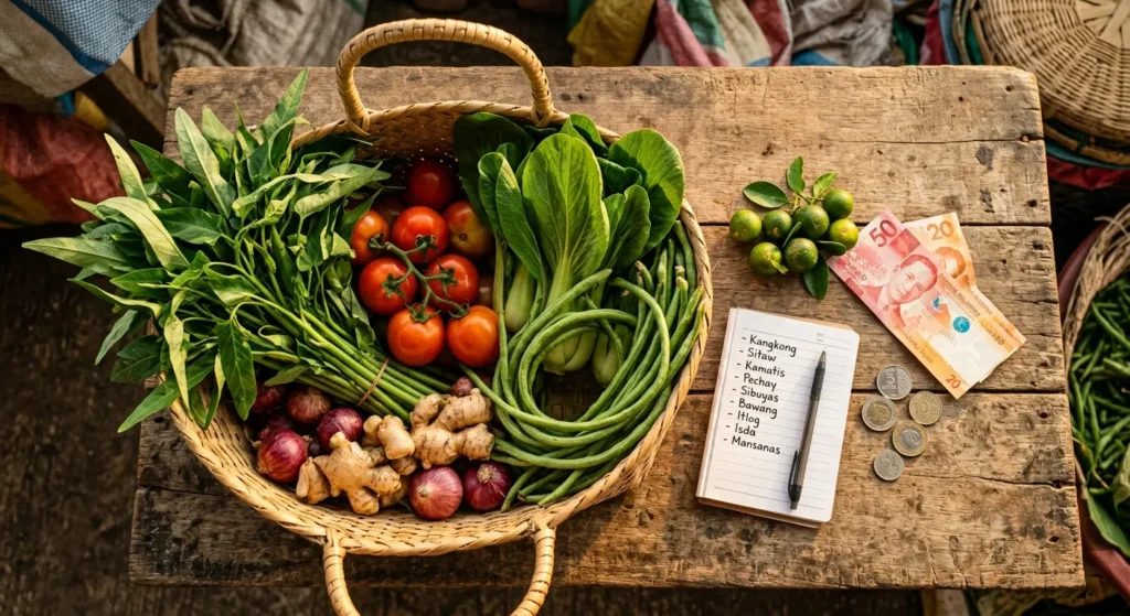 Filipino family doing grocery shopping at a palengke market, comparing prices and saving money on fresh produce in the Philippines