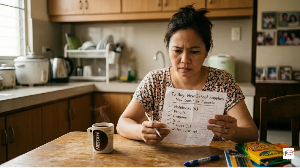 Stressed Filipino parent holding a long school supplies list with coins and bills on the table representing tight budget