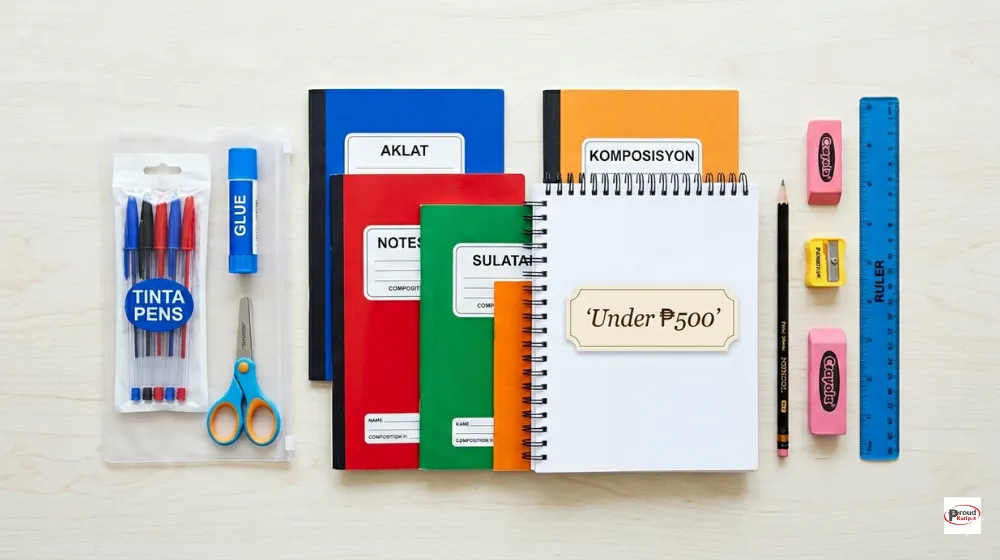 School supplies neatly laid out on a table including notebooks, pens, pencils, crayons, ruler and eraser - complete basic set under 500 pesos Philippines 2026