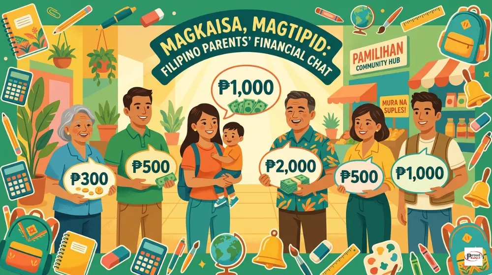 Diverse Filipino parents sharing how much they spend on school supplies per child every school year — community poll illustration Philippines 2026