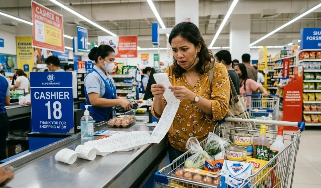 10 Grocery Hacks Filipinos Swear By to Cut the Food Bill in Half Filipino woman looking stressed while reviewing a long grocery receipt at a supermarket in the Philippines