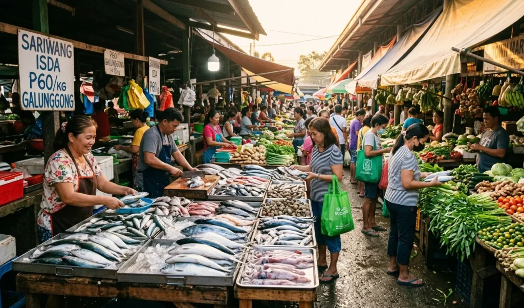 10 Grocery Hacks Filipinos Swear By to Cut the Food Bill in Half Colorful fresh vegetables and fish displayed at a busy Filipino palengke wet market early in the morning