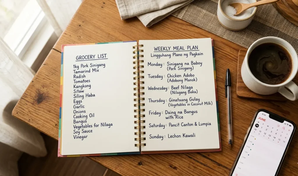 10 Grocery Hacks Filipinos Swear By to Cut the Food Bill in Half Filipino meal plan written on a notebook with grocery list beside it and Filipino dishes like adobo and sinigang on the table