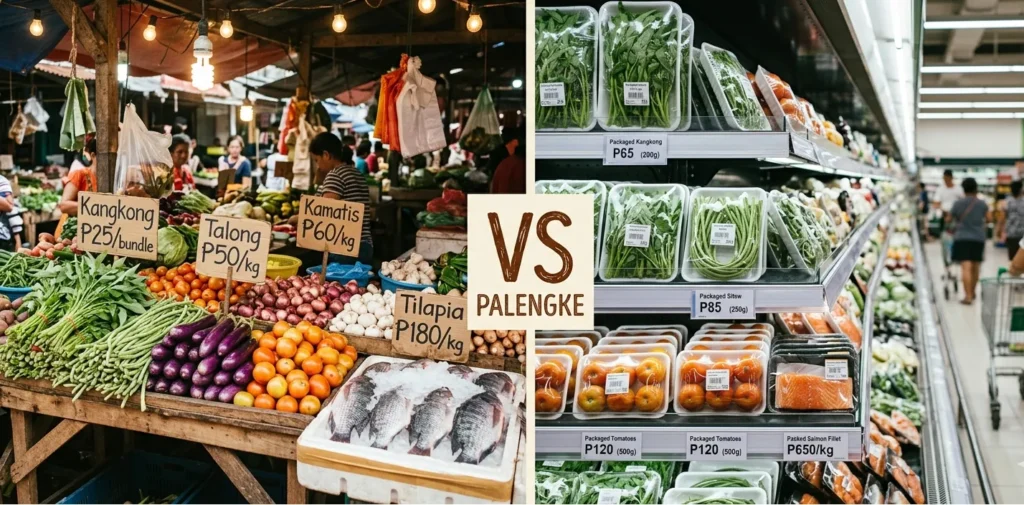 10 Grocery Hacks Filipinos Swear By to Cut the Food Bill in Half Side-by-side comparison of grocery items bought at a Philippine palengke wet market versus SM Supermarket showing price differences