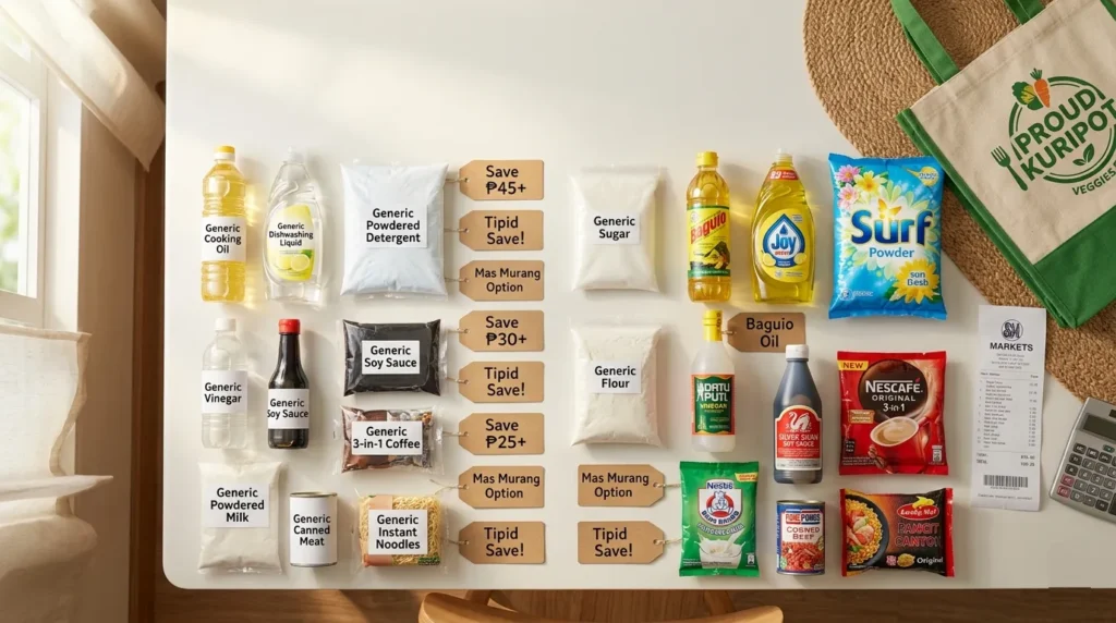 10 Grocery Hacks Filipinos Swear By to Cut the Food Bill in Half Store brand grocery products like SM Bonus and No Name generic brands lined up on supermarket shelf beside branded products in Philippines