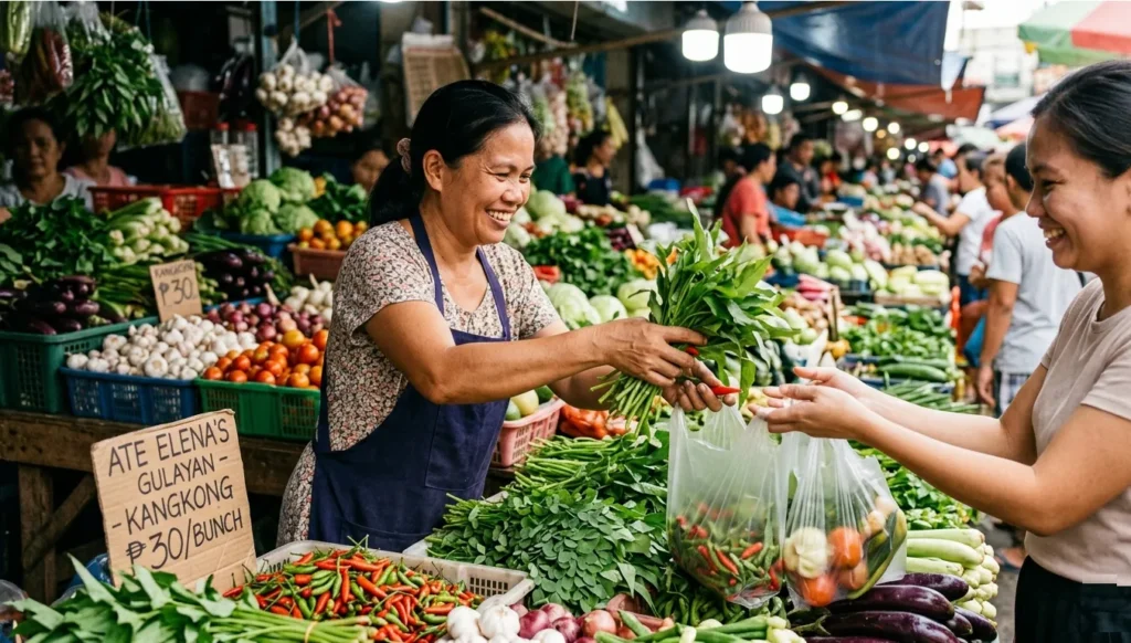 10 Grocery Hacks Filipinos Swear By to Cut the Food Bill in Half Filipino vendor and customer having a friendly suki relationship at a market stall, smiling while the vendor adds extra items to the order