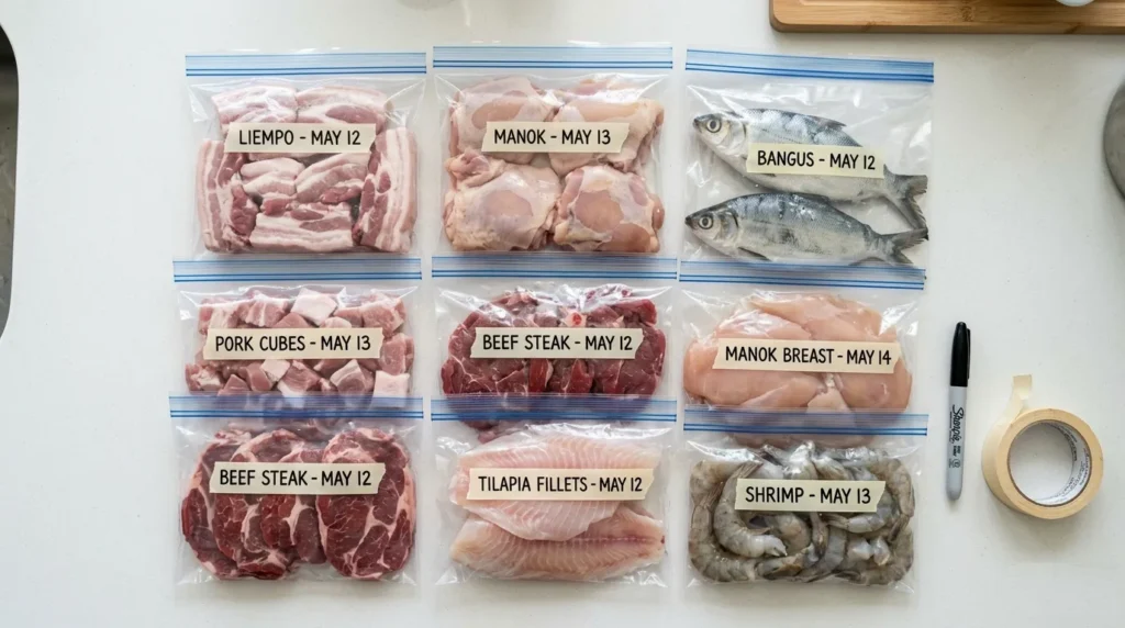 10 Grocery Hacks Filipinos Swear By to Cut the Food Bill in Half Portioned raw chicken, pork and fish in labeled ziplock bags ready for freezing in a Filipino household refrigerator for weekly meal prep