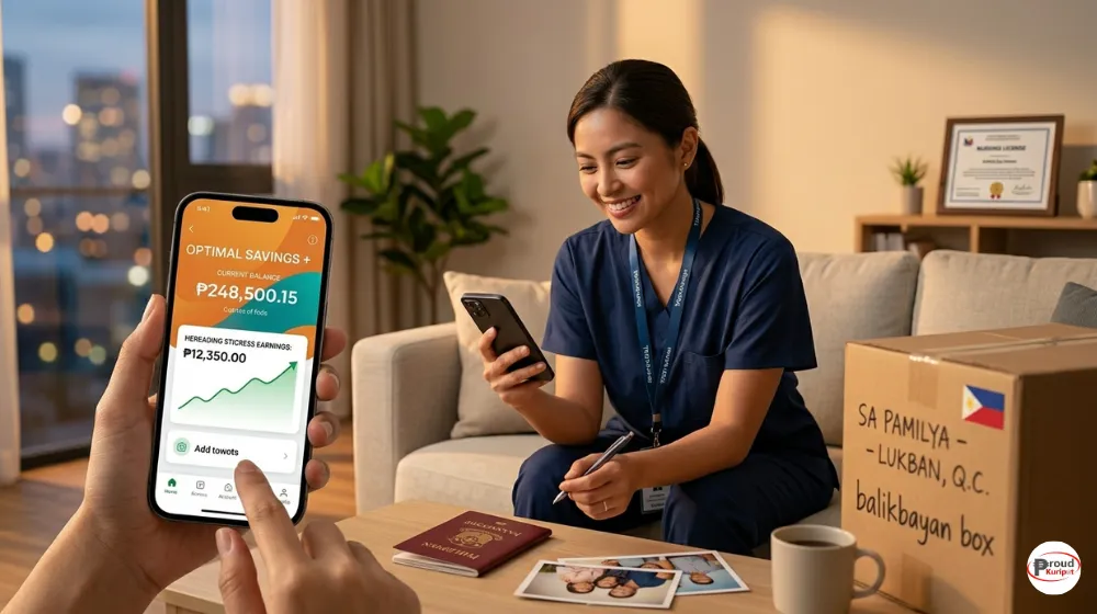 GCash GSave, Maya, Tonik, at Maribank: Which One Gives the Best Value for Your Savings? (2026 PH Guide) OFW na Pilipino na nag-oopen ng digital savings account sa kanyang smartphone habang nasa ibang bansa, nagpapakita ng convenience ng digital banking para sa mga overseas Filipino workers