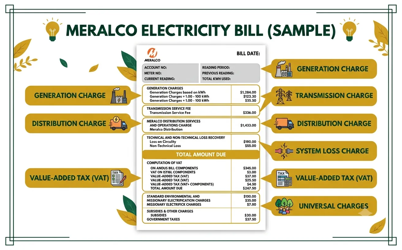How to Lower Your Meralco Bill by ₱500–₱1,000 Every Month — Tested Tips Breakdown of a Meralco electricity bill showing generation charge, distribution charge, transmission charge, and other fees