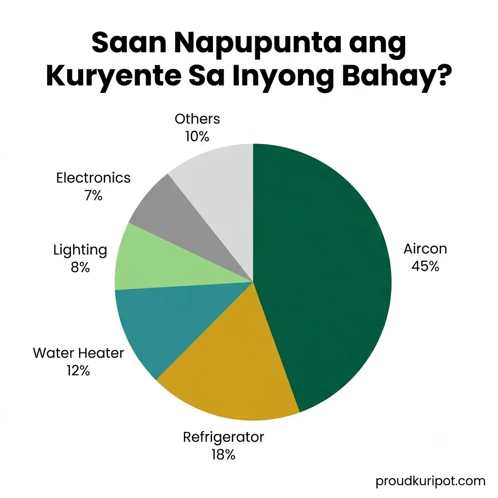 How to Lower Your Meralco Bill by ₱500–₱1,000 Every Month — Tested Tips Pie chart showing electricity consumption breakdown in a typical Filipino household — aircon 45%, refrigerator 18%, water heater 12%