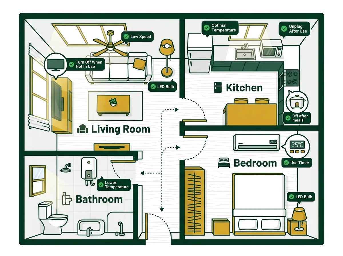 How to Lower Your Meralco Bill by ₱500–₱1,000 Every Month — Tested Tips Room-by-room electricity saving guide illustration for a Filipino home